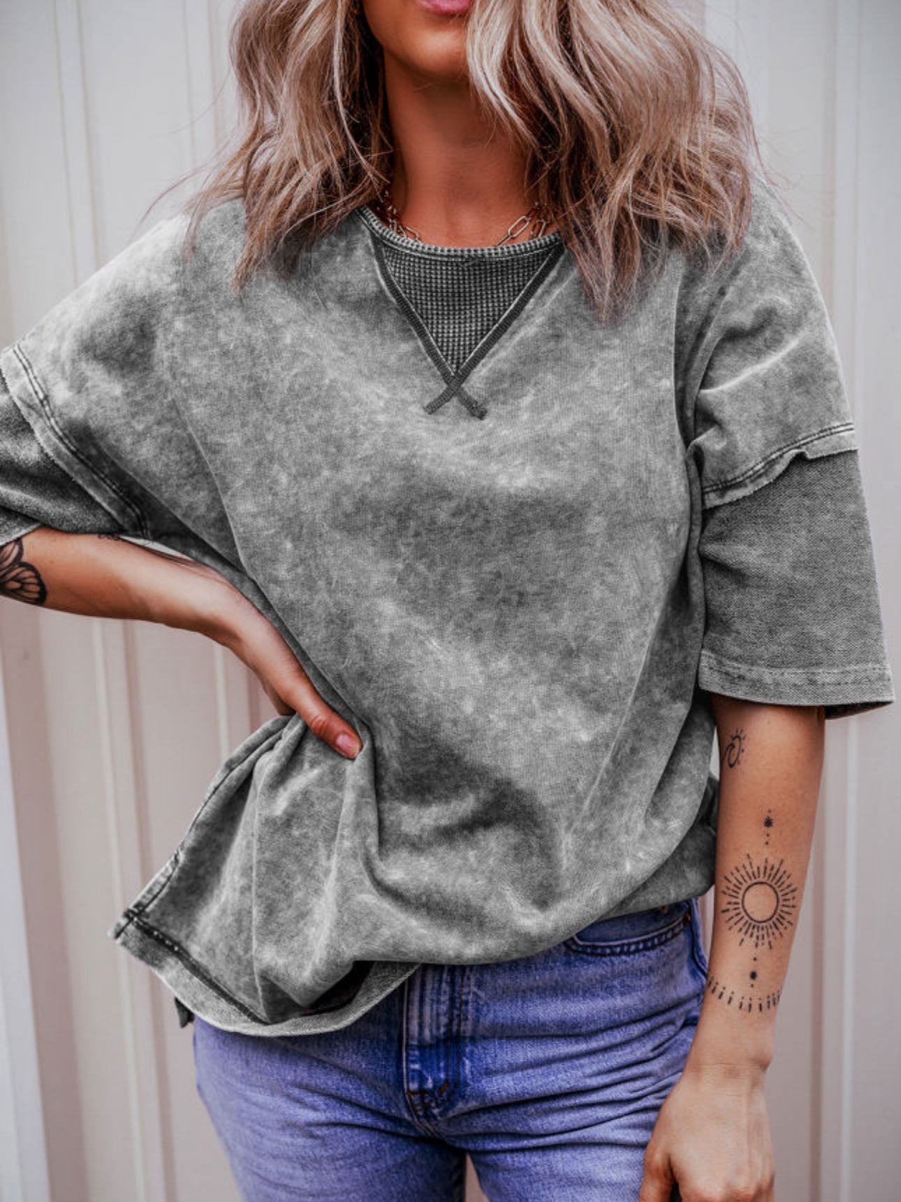 ash Mineral Wash Exposed Seam Drop Shoulder Oversized Tee