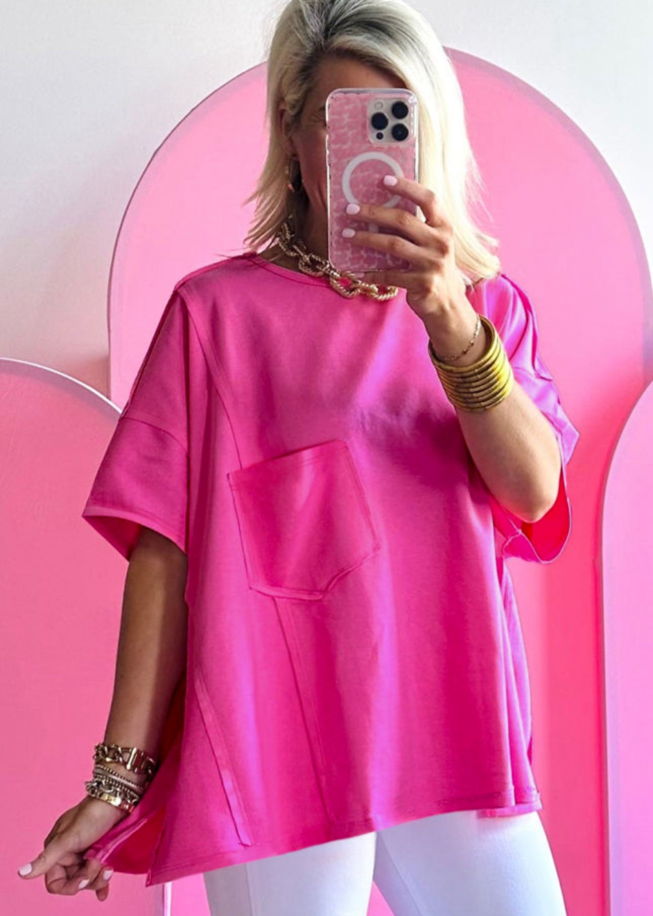 Hot pink pocket patched exposed seam oversized