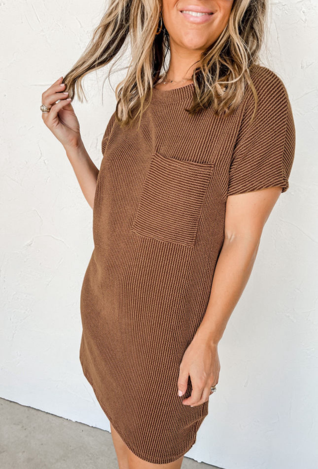 (Brown) Ribbed pocket dress