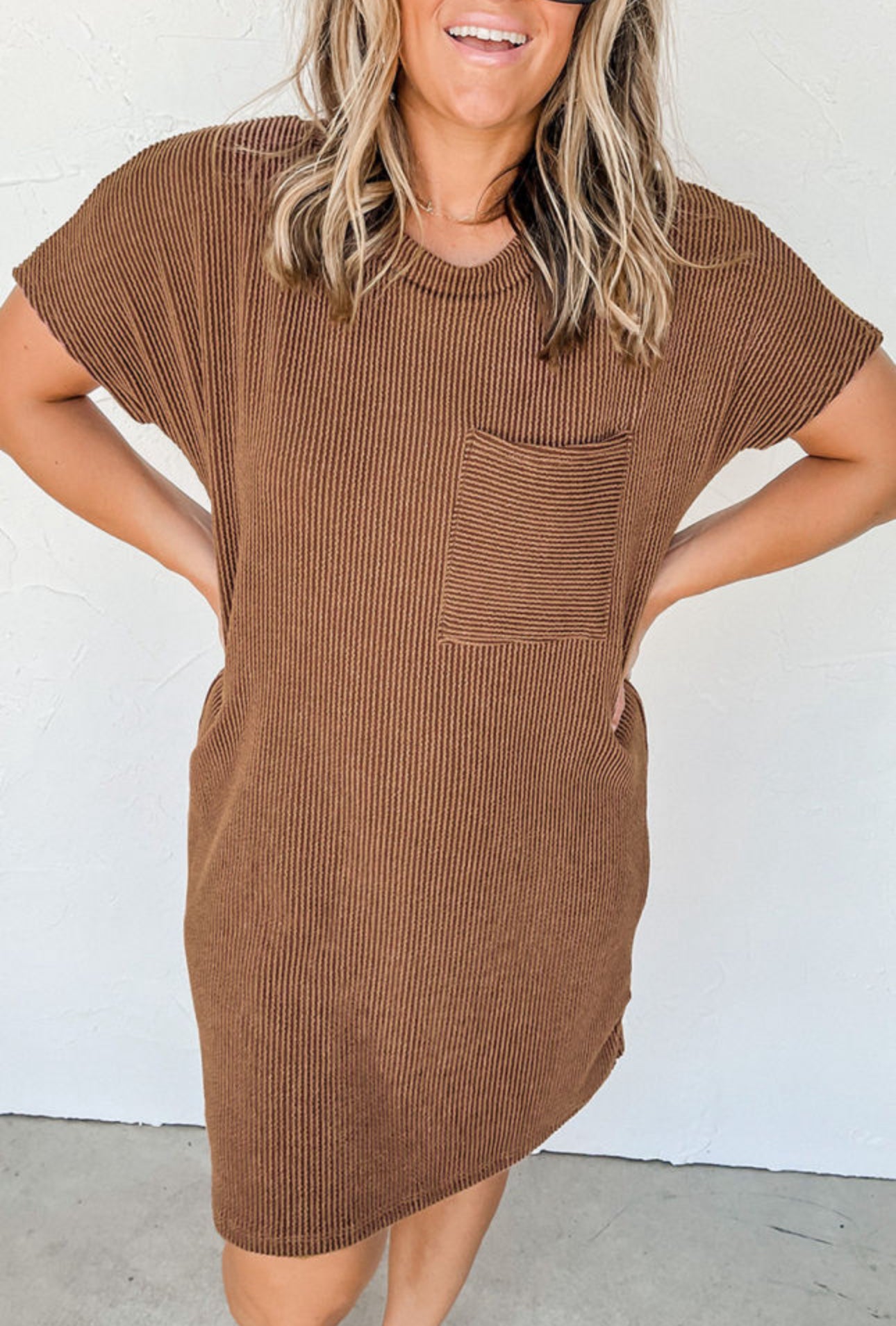 (Brown) Ribbed pocket dress