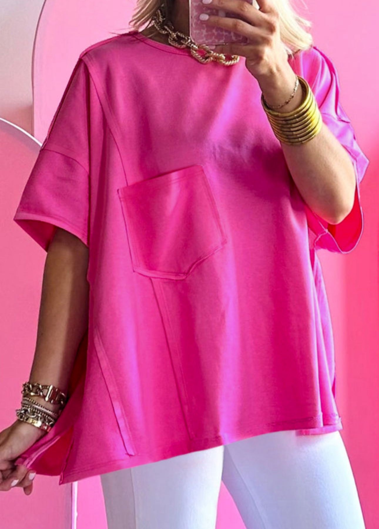 Hot pink pocket patched exposed seam oversized