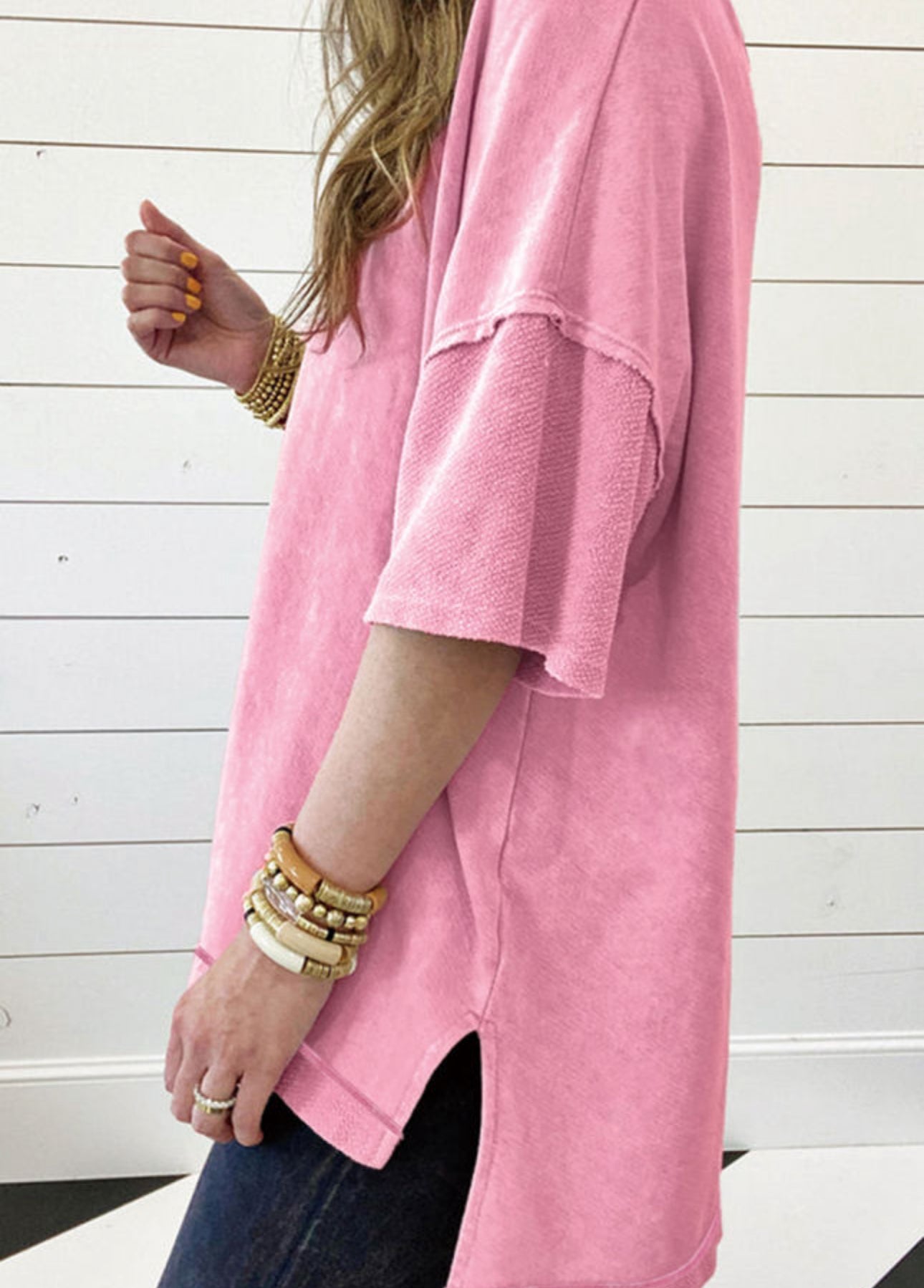 Strawberry Pink Mineral Wash Exposed
Seam Drop Shoulder Oversized Tee