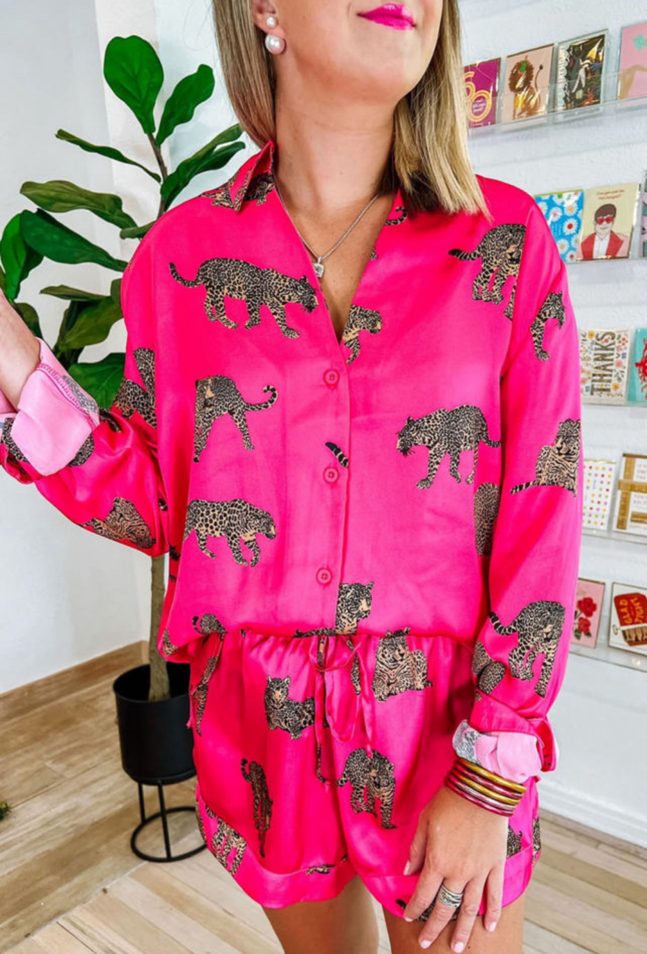 Strawberry Pink Cheetah Print Satin Shirt and Shorts Lounge Set