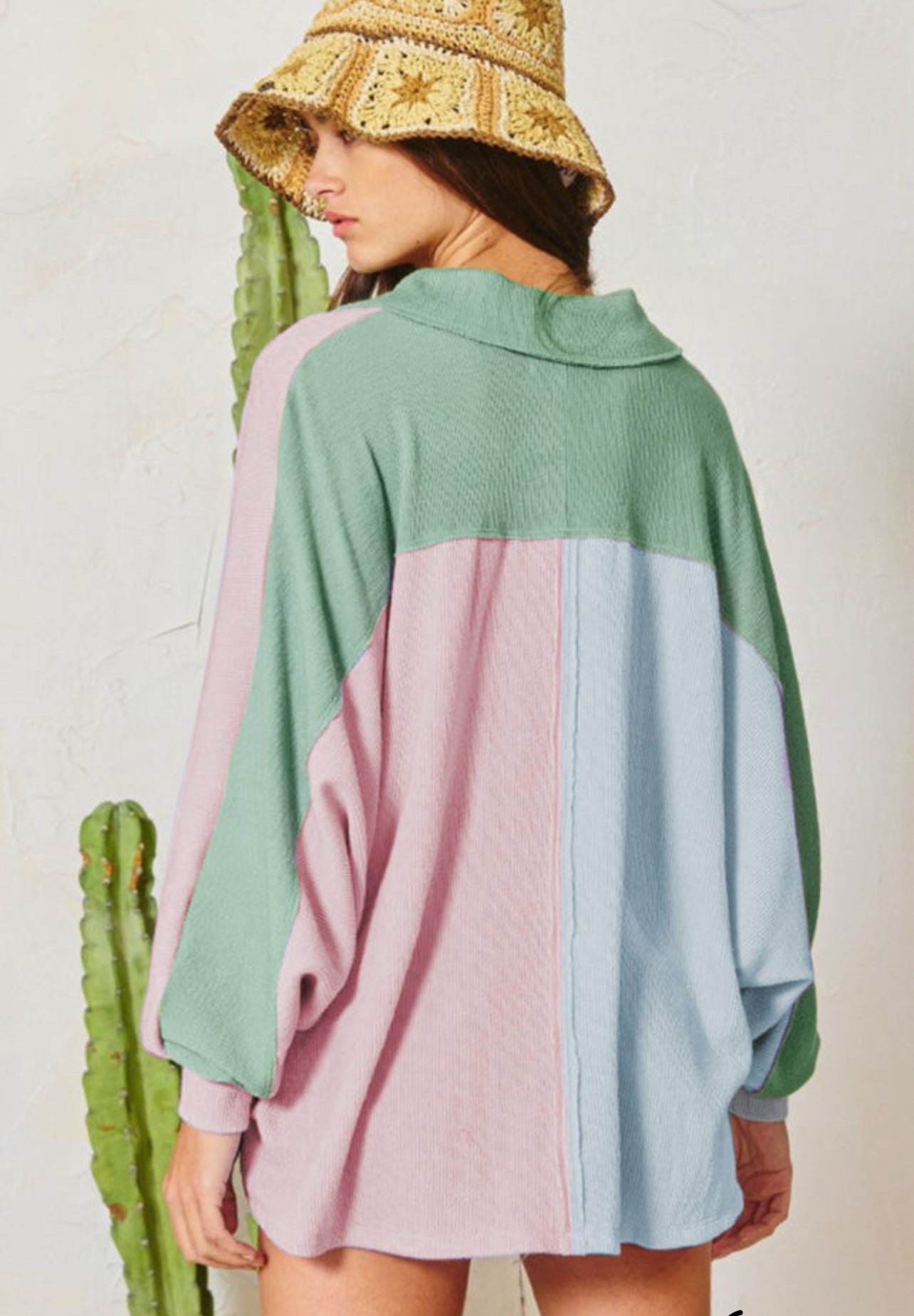 Multicolor Exposed Seam Colorblock Ribbed Oversized Henley Top