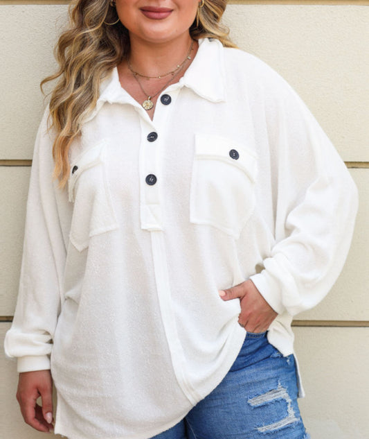 Plus size white Oversized Henley Top