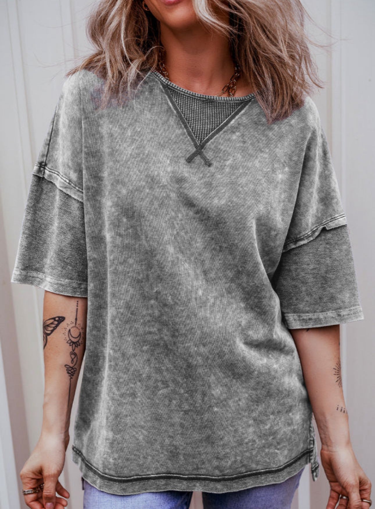 ash Mineral Wash Exposed Seam Drop Shoulder Oversized Tee