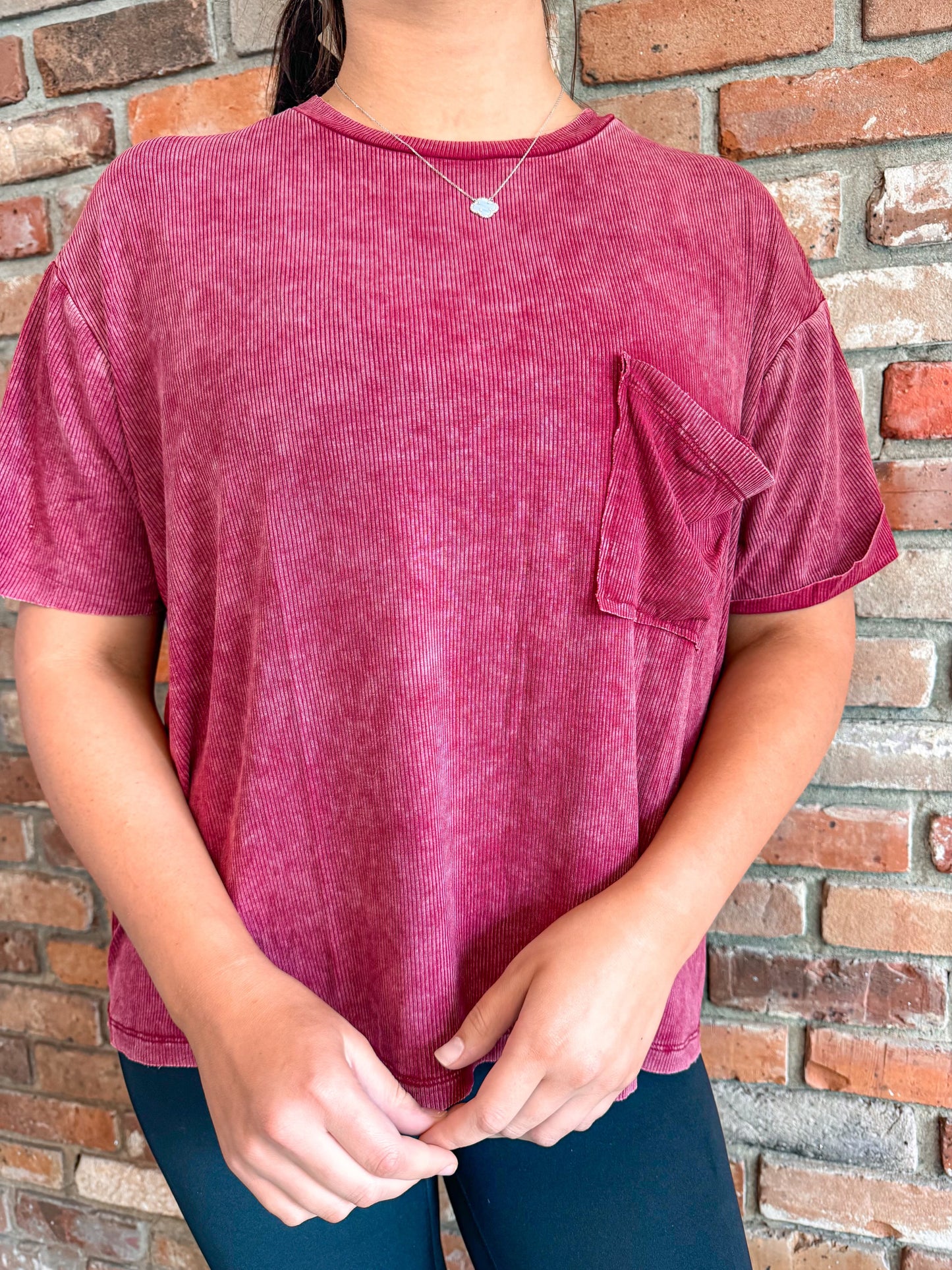 MAROON Washed Ribbed Cuffed Round Tee