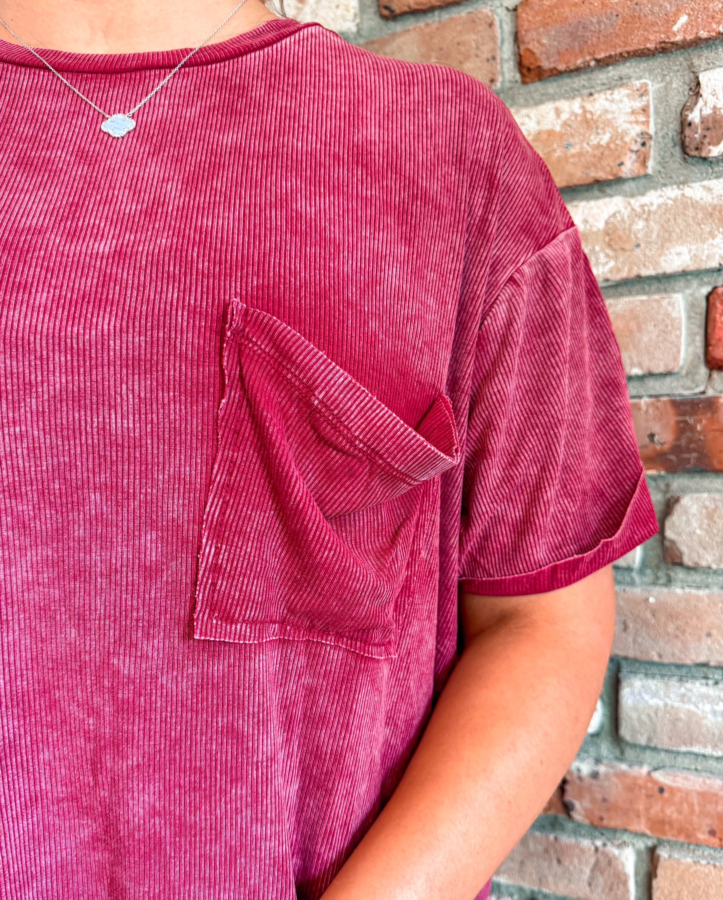 MAROON Washed Ribbed Cuffed Round Tee