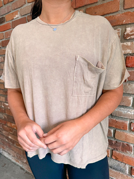 MOCHA Washed Ribbed Cuffed Round Tee