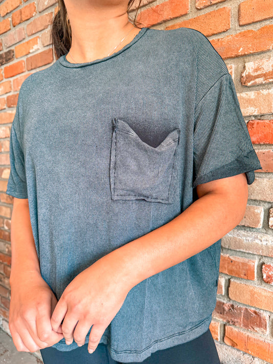 DARK GRAY Washed Ribbed Cuffed Round Tee